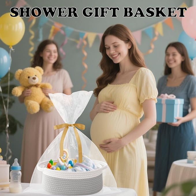 Small Woven Rope Basket-Empty Gifts Basket with Bag and Ribbons,Cute Handle Organizer Box for Birthday/Baby Shower, Toy Storage, Nursery Organizing & Shelf Decor(White&Grey)