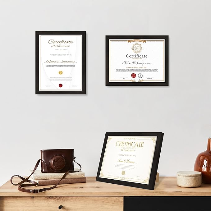 8.5x11 Diploma Frame with Tempered Glass, Multi Certificate 8.5 by 11 Photo Frame Bulk for Wall or Tabletop Display(Black, 3 Pack)