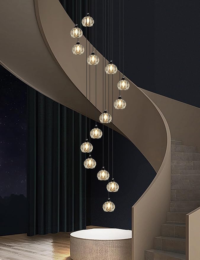 Crystal Chandeliers for Staircases, 14-Light Black Modern Chandeliers for High Ceilings，Crystal Pendant Light Fixture for Living Room Kitchen Island Foyer Hallway Bar