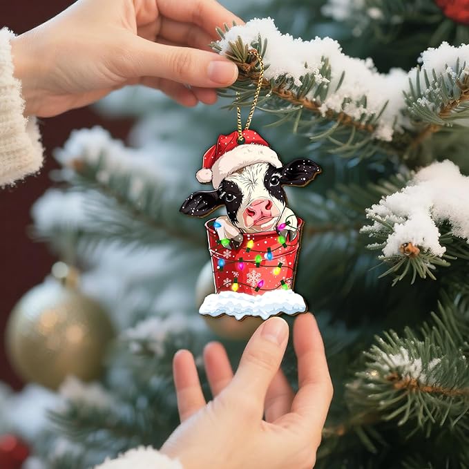34HD Cow Christmas Ornament 2025 – Wooden Hanging Xmas Tree Ornament Decoration, Cute Christmas Keepsake Gift and Home Decor for Cow Lovers and Farm Fans, Dairy Cow in Bucket