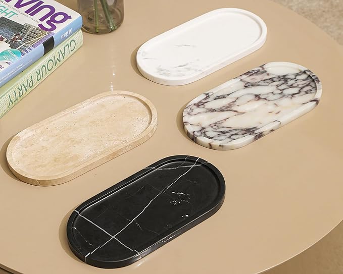 2 Pcs Travertine Tray, Oval Stone Tray for Bathroom Storage Home Decor, 12 x 6 Inch