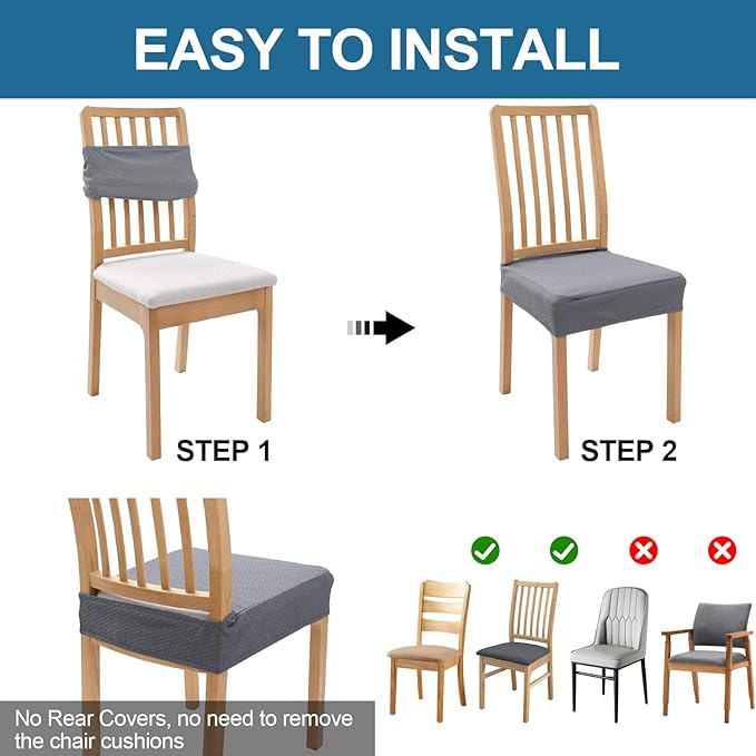 Smiry Waterproof Seat Covers for Dining Room Chairs Set of 8, Stretch Jacquard Removable Washable Chair Seat Slipcovers Protector, No Rear Covers, Grey