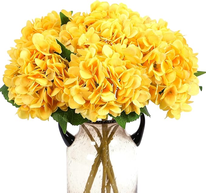 Kimura's Cabin 6pcs Yellow Fake Hydrangea Flower Artificial Silk Hydrangeas Bouquets with Stems Faux Hydrangea for Home Wedding Baby Shower Birthday Party Decoration (Yellow)