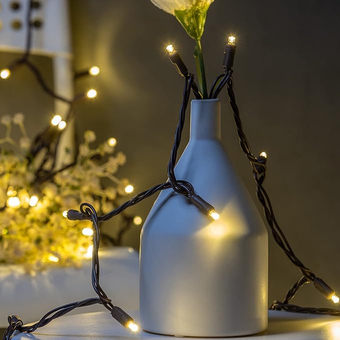 YULETIME Warm White 5MM LED Christmas Lights, 33 ft 100 Count 4" Spacing One-Piece High Waterproof Wide Angle UL Certified String Light (Warm White - Brown Wire)
