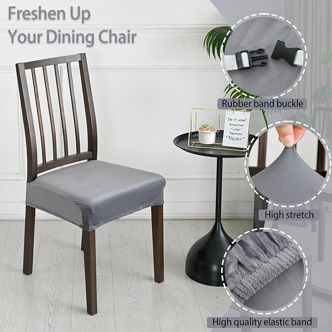 Dining Chair Seat Covers, Stretch Velvet Chair Seat Slipcovers Protector, Removable Washable Kitchen Chair Covers for Dining Room Chairs (Set of 2, Light Grey)
