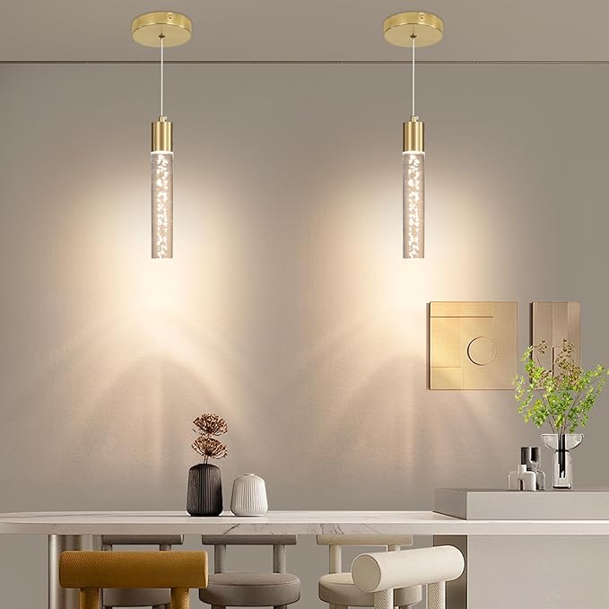 Modern Kitchen Island Hanging Light, Gold LED Pendant Lights Fixture, Bubble Acrylic, 3 Color Temperatures, Mini Ceiling Chandelier Lighting for Dining Room, Bedroom, Foyer Entrance, Cafe