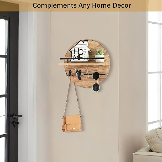 Key Holder for Wall Decorative with Shelf and Hooks, Mail Organizer Wall Mount with Sunglasses Holder, Circular Design Entryway Key Rack Hanger, Rustic Home Decor