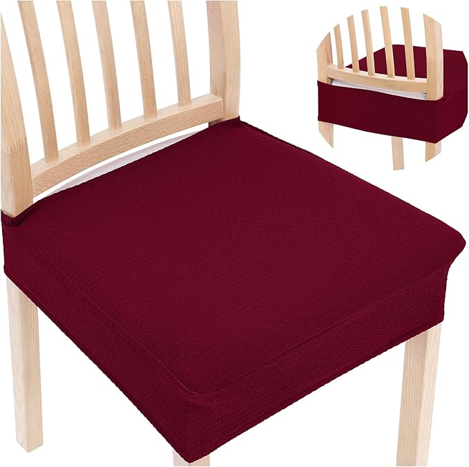Smiry Stretch Jacquard Seat Covers for Dining Room Chairs Set of 2, Removable Washable Chair Seat Protector Slipcovers, No Rear Covers, Wine Red