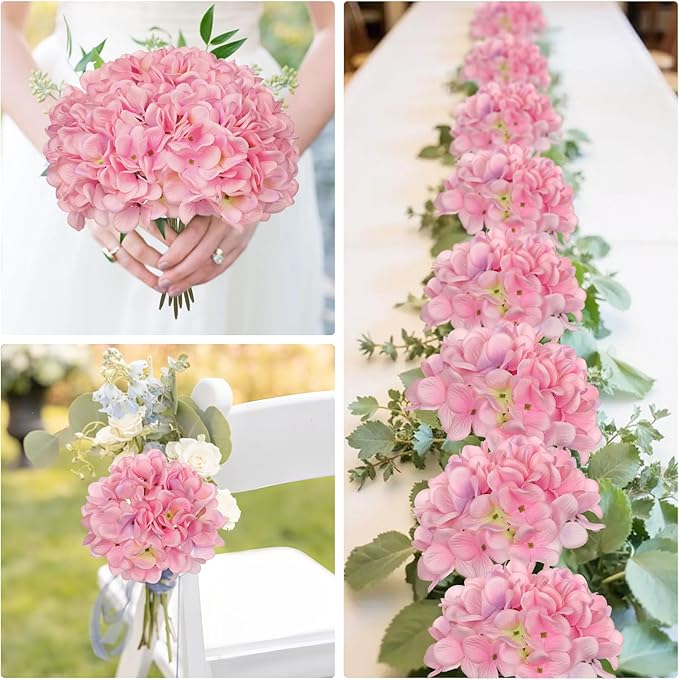 Hollyone 6 Pcs Pink Hydrangea Artificial Flowers Heads with Stems Silk Faux Hydrangea Pink Fake Flowers for Home Indoor Outdoor DIY Floral Wedding Flower Bouquets Kitchen Table Centerpiece Decor