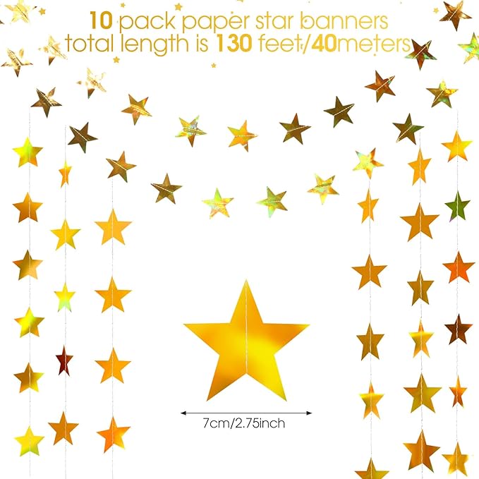Patelai Glitter Star Garland Banner 2026 New Years Decor 130 Feet Star Hanging Banner Twinkle Backdrop for Birthday Classroom Wedding Christmas Party Supplies(Iridescent Gold)