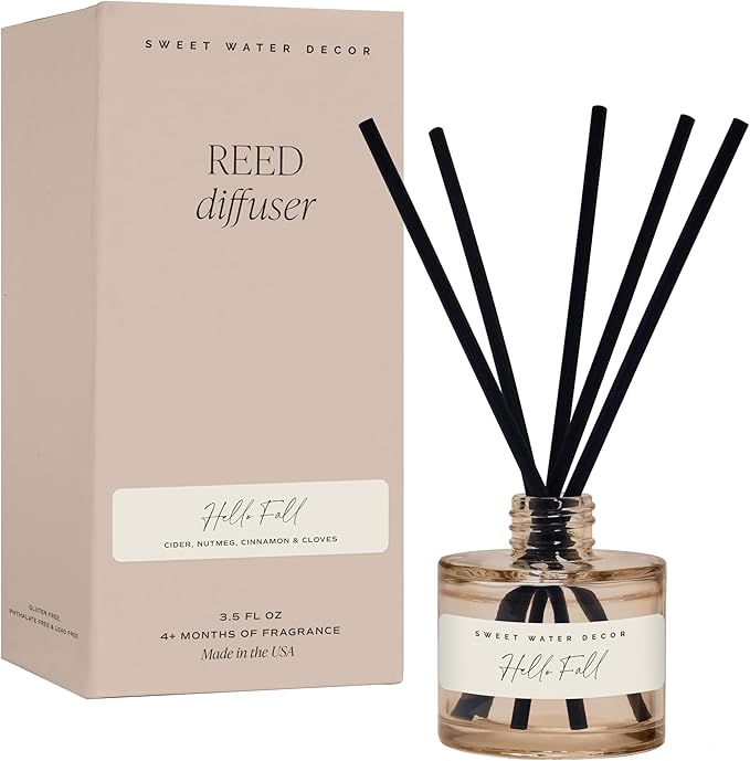 Sweet Water Decor Hello Fall Reed Diffuser, Cozy Autumn Home Scent with Apple Cider & Spice, Long-Lasting Non-Toxic Oil for Bedroom, Bathroom & Office, Fall Gift Set for Women, Lasts 4+ Months