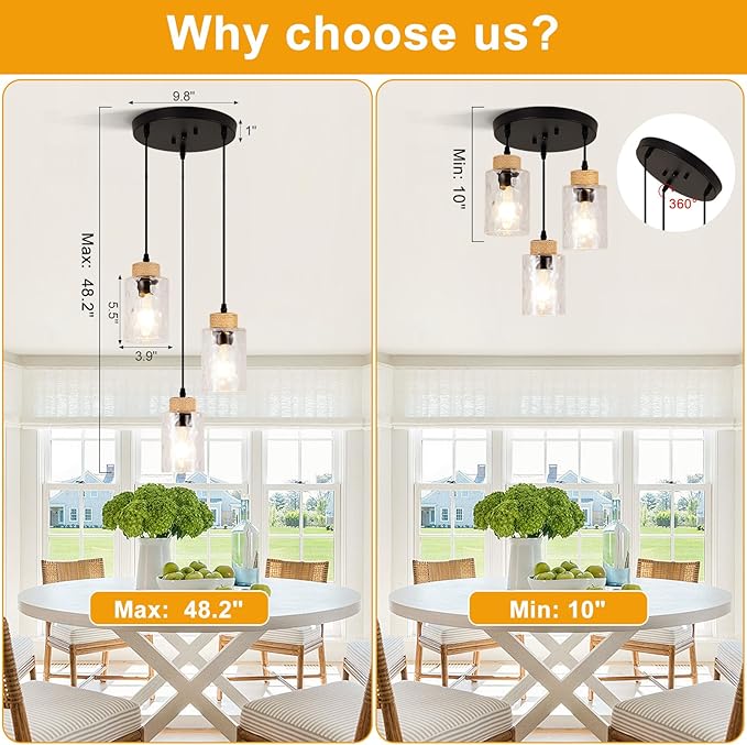 Modern Pendant Lights Kitchen Island,No Assembly Required Black Farmhouse Kitchen Island Lighting+Clear Hammered Glass Shade,Industrial Hanging Pendant Lights Fixture for Kitchen Island Dining Room