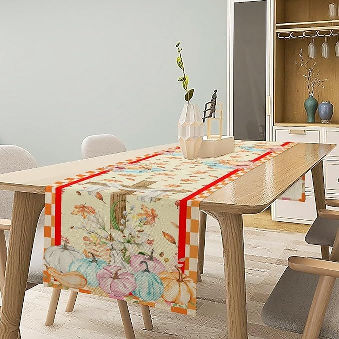 Watercolor Pumpkin Table Runner Fall Flowers Falling Leaves Cross Harvest Season Thanksgiving Rustic Home Decor for Farmhouse Indoor Outdoor Party Holiday Dining Kitchen Restaurant Cafe W13xL72in