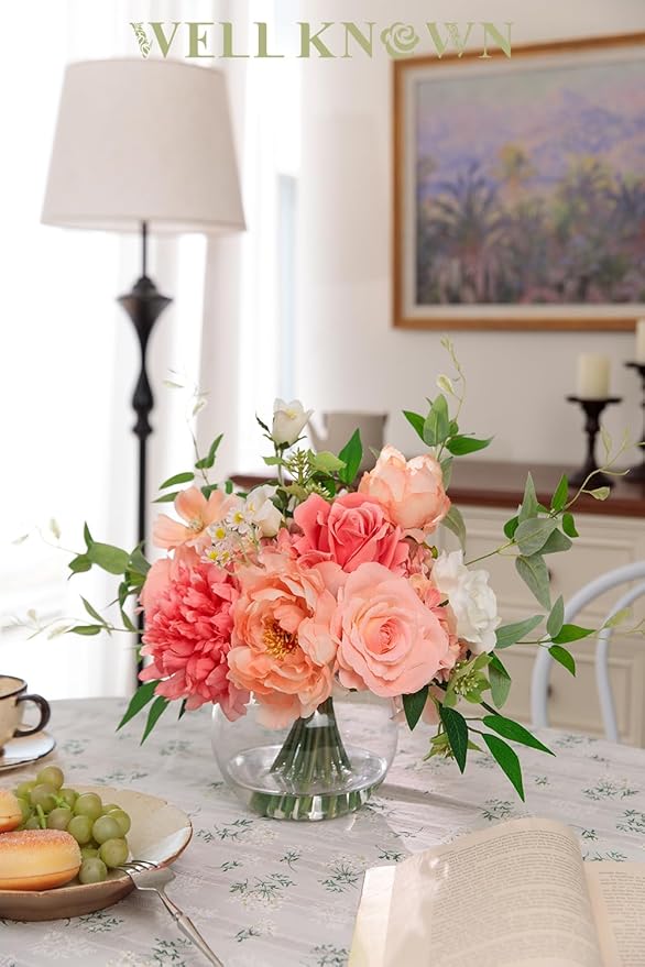 Artificial Flowers in Vase with Fake Water, Silk Peony Rose Flowers Bouquet with Glass Vase for Thanksgiving Party Birthday Wedding Dinning Table Centerpieces Office Decor & Gift (Coral & Peach Plus)