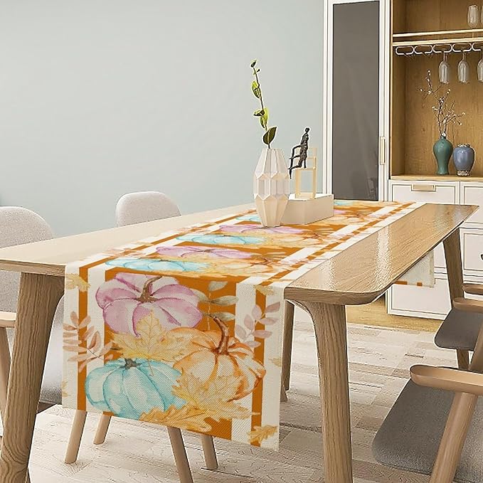 Watercolor Pumpkin Table Runner Rustic Farmhouse Autumn Plants Colorful Leaves Pastoral Harvest Theme Home Decor for Farmhouse Indoor Outdoor Party Holiday Dining Kitchen Restaurant Cafe W13xL72in