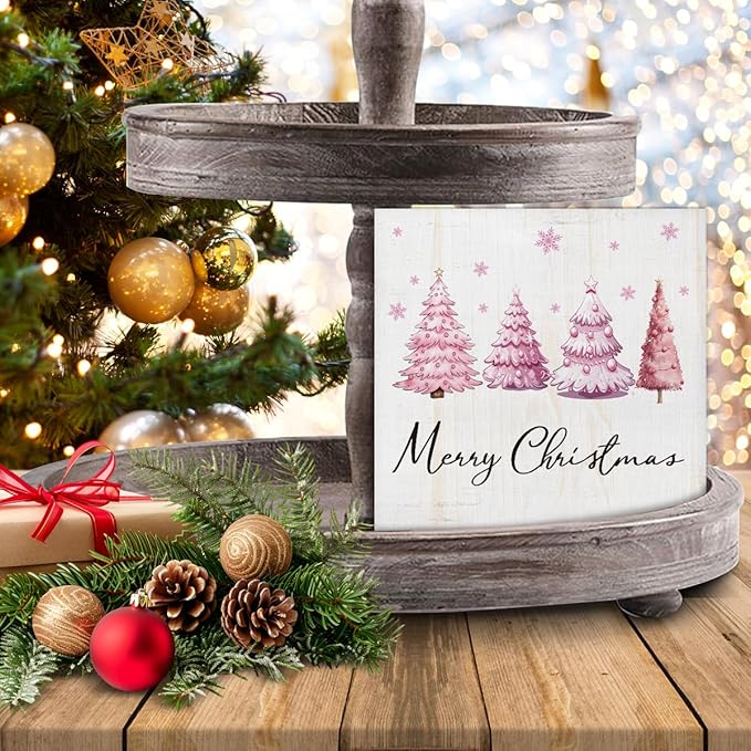 Merry Christmas Decorations - Pink Christmas Tree Wooden Sign, Cute Holiday Room Decor for Desk Table Shelf 5 X 5 Inches