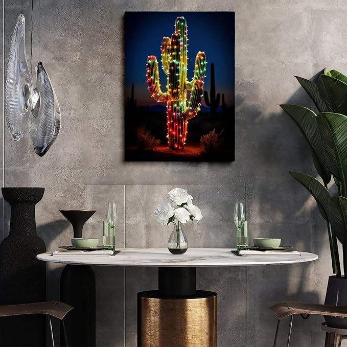Christmas Cactus Canvas Wall Art Print, Southwestern Decor, Holiday Desert Art for Bedroom, Living Room, Apartment, Office - 24x36 Inch Framed