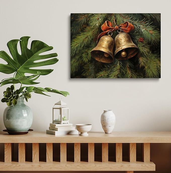 Victorian Country Christmas Art,Christmas Jingle Bells Wall Art,Brass Bells Poster,Winter Still Life Print,Christmas Oil Painting,Christmas Living Room Fireplace Office Decor12x16inch Framed Art