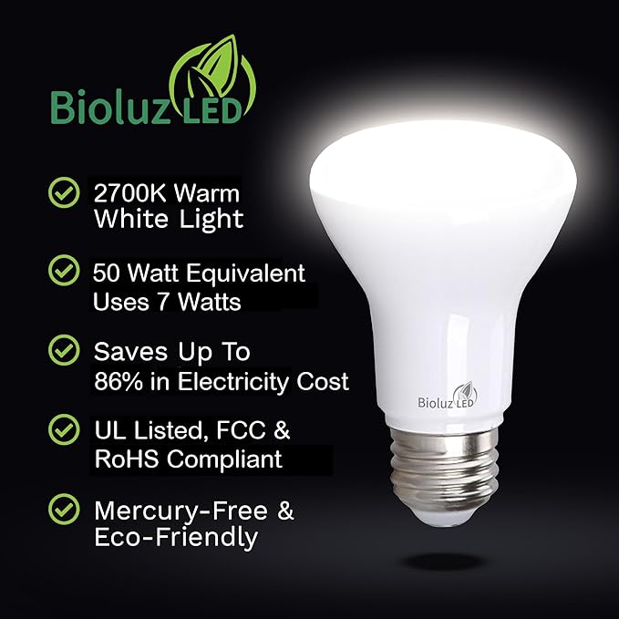 Bioluz LED 20 Pack BR20 LED Bulbs Indoor Flood Light R20 Dimmable High CRI 2700K Warm White, 50 Watt Equivalent Uses 7W, 540 Lumens UL Listed FCC RoHS Compliant