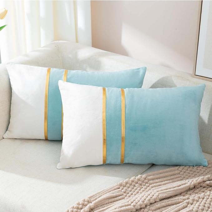 ZLINA Set of 2 Velvet Decorative Lumbar Pillow Covers Aqua Green White Patchwork with Gold Leather Pillow Covers 12 × 20 Inch Cushion Covers Decor Living Room Sofa Bedroom Car