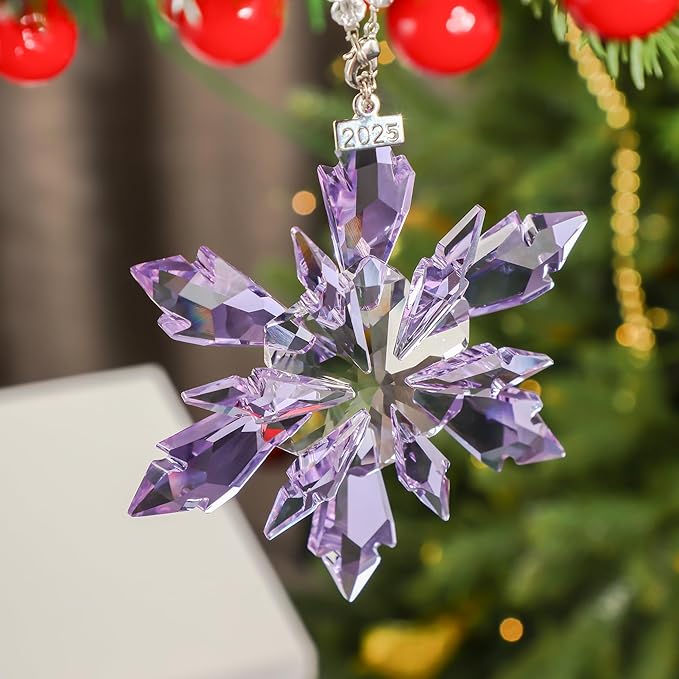 2025 Purple Christmas Ornaments Crystal Glass Snowflake Star for Christmas Tree Ornaments Pendant Crystal Sun Catcher Home Hanging Decor