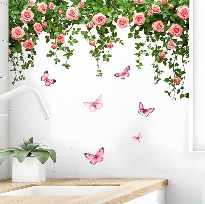 Rose Vine and Butterfly Wall Decals Stickers — Elegant Pink Roses and Flying Butterflies Removable Vinyl Wall Decor for Living Room, Bedroom, Office, Garden Theme Decoration