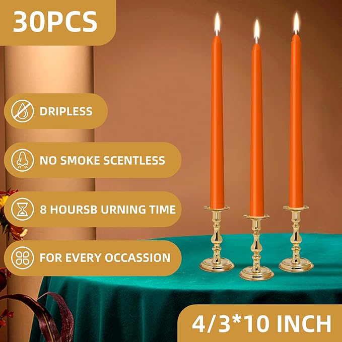 30 Pack Orange Taper Candles - Taper Candles 10 Inch Dripless, Smokeless & Unscented - 8 Hours Long Burning - Ideal for Weddings, Dinner Parties, and Home Decor