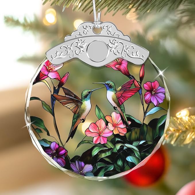 Christmas Ornaments - Hummingbird and Flowers Stained Glass Ornament - Xmas Decor - Ornaments for Christmas Tree - Holiday Presents - Gift Exchange Ideas - Car Hanging Decoration