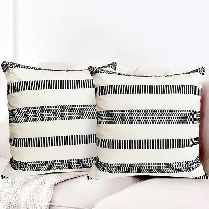 Decorative Throw Pillow Covers Set of 2 Black Boho Striped Pillow Covers 16x16 Inch Throw Pillow Cover Linen Pillowcase Farmhouse Outdoor Pillow Covers for Couch Sofa Bed Living Room