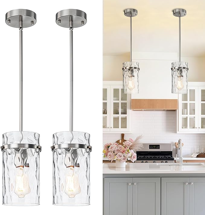 Brush Nickel Hammered Hand Blown Glass Pendant Light Fixtures, Pendant Lights Kitchen Island Modern Kitchen Island Light Dining Room Light Farmhouse Island Lights Sink 2 Pack