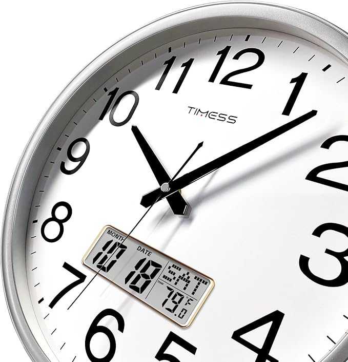 Wall Clock, 11 Inch Non-Ticking Silent Battery Operated Quartz Analog with LCD Display for Perpetual Calendar and F° Temperature, Ideal Modern Home, Bedroom, Kitchen, Office Décor (Sliver)
