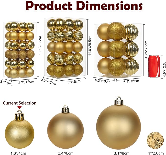 1.57" Gold Christmas Ornaments for Christmas Tree 36 Pcs Mini Shatterproof Balls Christmas Tree Decorations Small Xmas Ornaments Balls with Hanging Loop for Wedding Holiday Party Wreath Home Decor