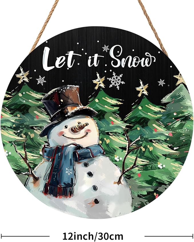 Winter Snowman Sign for Front Door Decor Christmas Snowman Wood Door Hanger for Outdoor Outside Porch Welcome Pine Trees Snowflake Wooden Wreath Winter Xmas Wall Hanging Decoration for Home 12"x12"