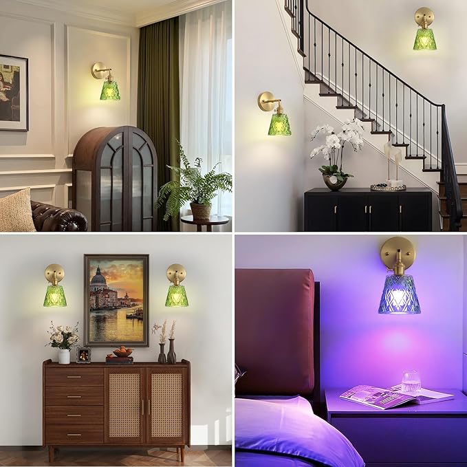 2 Pack Vintage Battery Operated Wall Sconces, Flower Green Lampshade & 180 Degree Adjustable, Wireless Rechargeable RGB Wall Light with Remote Control, for Bedroom Living Room Hallway Aisle