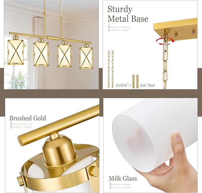 4-Light Kitchen Island Lighting, Brushed Gold Linear Dining Room Light Fixtures with Frosted Glass, Modern Mid Century Chandelier Pendant Light for Kitchen Island Dining Room, OS-3014-4ISBGW