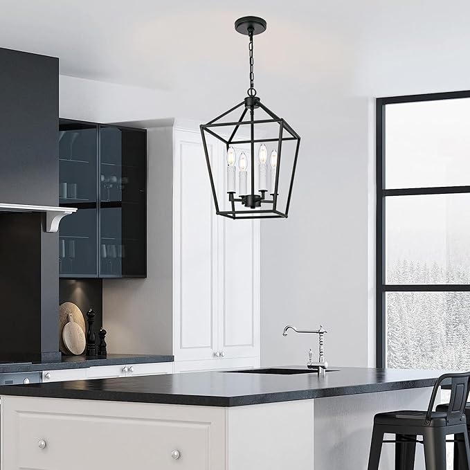 MELUCEE 12-inch Black Cage Chandelier 4-Light Farmhouse Lantern Pendant Light Openwork Cage Hanging Light Fixtures Ceiling with White Candle-Shaped Lamp Holder for Kitchen Island, Dining Room, Foyer