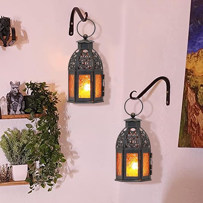 DECORKEY Decorative Moroccan Candle Lantern,9’’ Metal Hanging&Tabletop Lantern Candle Holder Decor, Halloween Christmas Ramadan Decorations for Home Indoor Outdoor Patio (Amber)