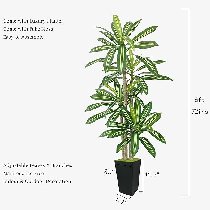 Artificial Dracaena Plant 6ft, Faux Tree with Black Tall Planter, Fake Yucca Silk Plants, Artificial Floor Trees for Home Office Room Decor Housewarming Gift Indoor