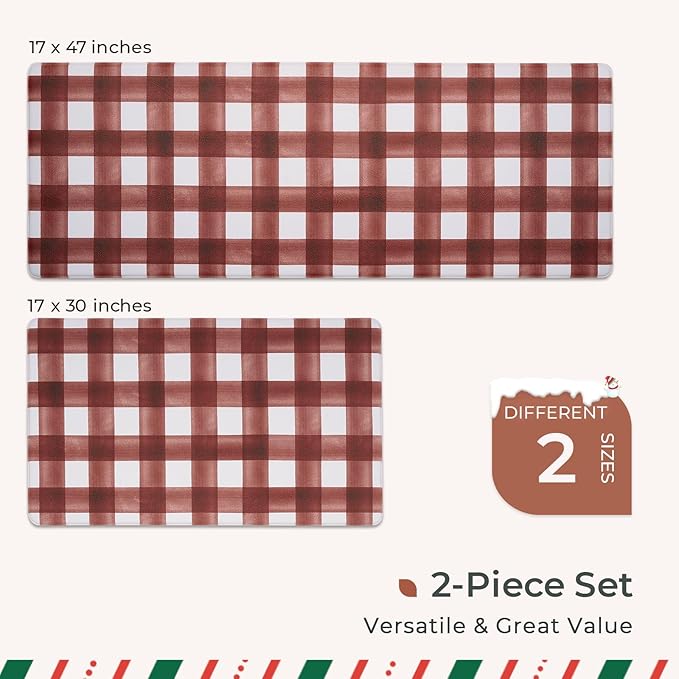 FRESHMINT Modern Farmhouse Plaid 2 Piece Set Kitchen Mats for Floor Anti Fatigue Waterproof & Non-Skid Kitchen Rugs Cushioned Kitchen Mat for Standing Washable Comfort Desk Kitchen Runners