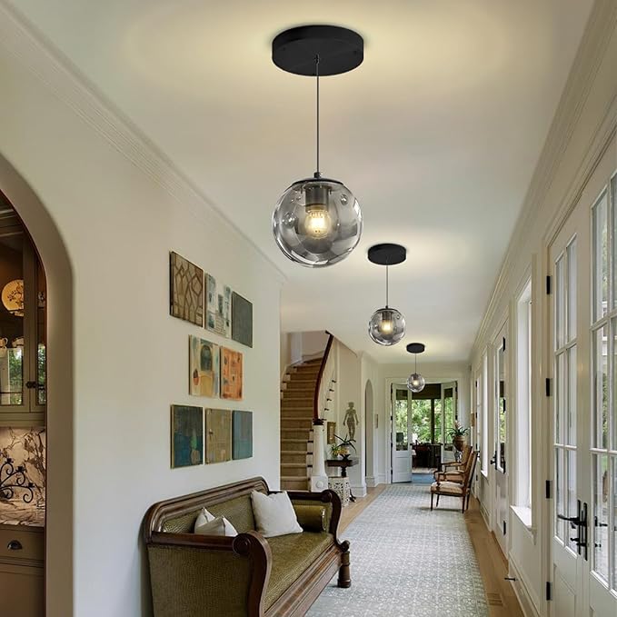 1-Light Black Pendant Light Fixtures Modern Smoke Gray Glass Globe Pendant Lights Kitchen Island Adjustable Hanging Lights Globe Stairwell Lighting Black Chandelier for Dining Room