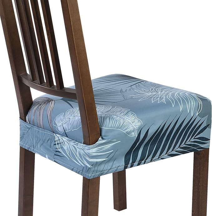 SearchI Stretch Dining Chair Seat Covers Set of 6, Soft Removable Washable Seat Covers for Dining Chairs, Dining Room Seat Cover Slipcover Protector (Rear-Covered, Blue Foliage)