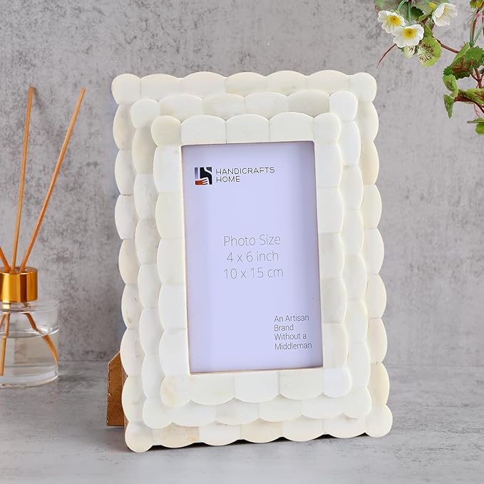 Handicrafts Home Scalloped Art Inspired Bone Inlay Handmade 4x6 Picture Frame - Small Photo Frame for Wall Hanging, Desk Decor & Living Room Wall Decor - Farmhouse & Home Decor Gift Frame, White