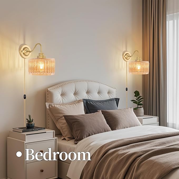 Vintage Plug in Wall Sconces,Dimmable Wall Sconces of Two,Wall Lamps with Plug in Cord & Flower Glass Lampshade,Gold Sconces Wall Decor Set of 2 Wall Lights Sconces for Bedroom