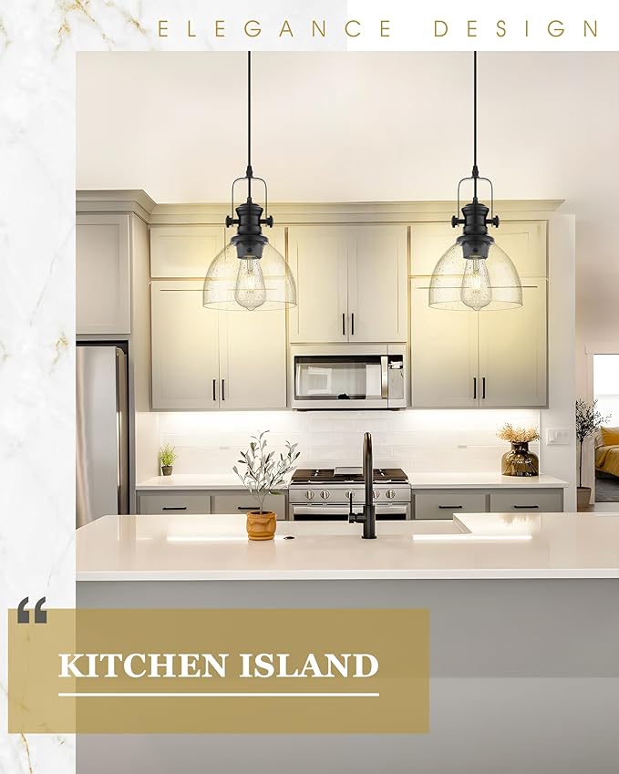 2 Pack Pendant Lights Kitchen Island, 7.5" Black Pendant Lighting with Clear Seeded Glass Shade, Farmhouse Hanging Light Fixtures for Dining Room, AD-22151-1P2-BK