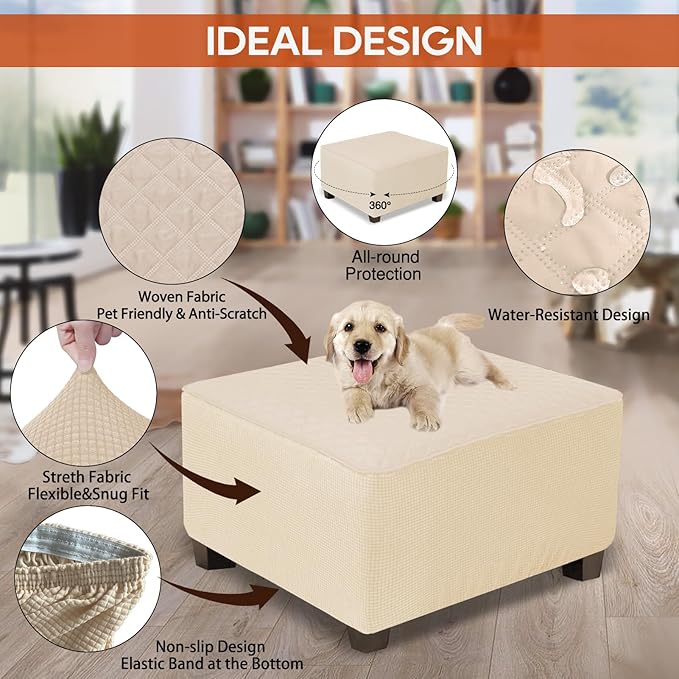 NeColorLife Square Ottoman Cover Waterproof Ottoman Slipcover Thick Storage Footrest Stool Covers Furniture Protector for Pets(Large Size,Khaki)