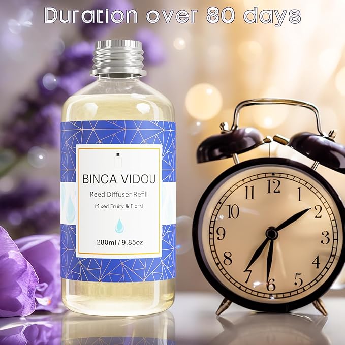 Reed Diffuser Oil Refill, Binca Vidou Mixed Fruity and Floral Bergamot Vanilla Lavender and Jasmine Scented Oil Include 12 Sticks for Bathroom Bedroom Office 9.85oz/280ml