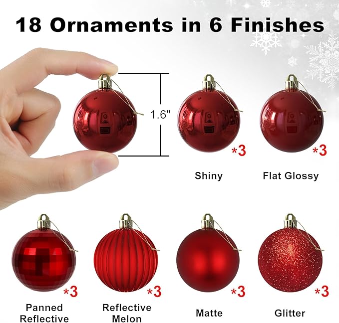 Rose Red 1.6" Small Christmas Balls Christmas Tree Decoration Ornaments Shatterproof Hanging Balls for Birthday Halloween Holiday Wedding Decorations Set of 18pcs