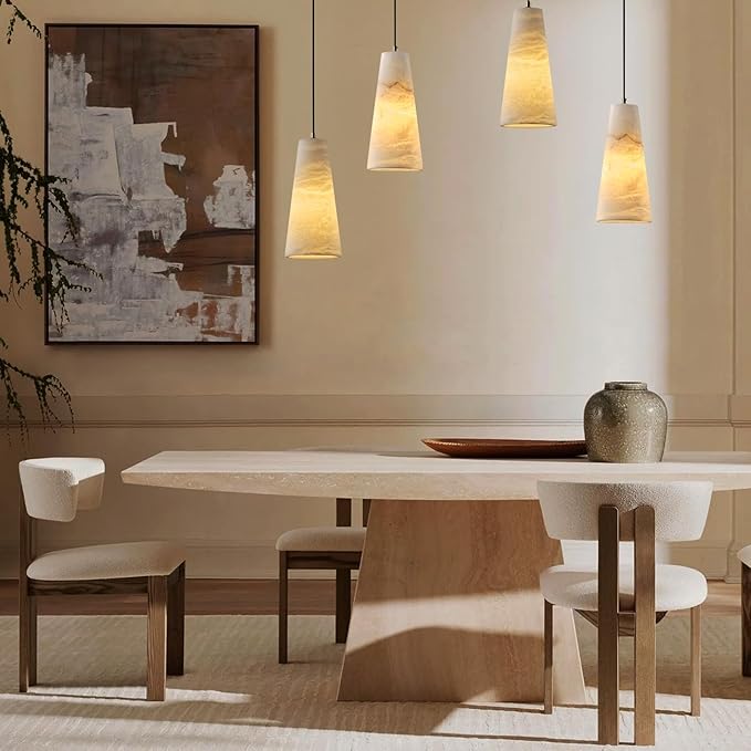 Alabaster Pendant Lights Kitchen Island,White Pendant Light Set of 2, Marble Shade Brass Cone Lighting Fixtures for Bedroom Bathroom Dining Room Living Room H-10in (Bulbs INCL)
