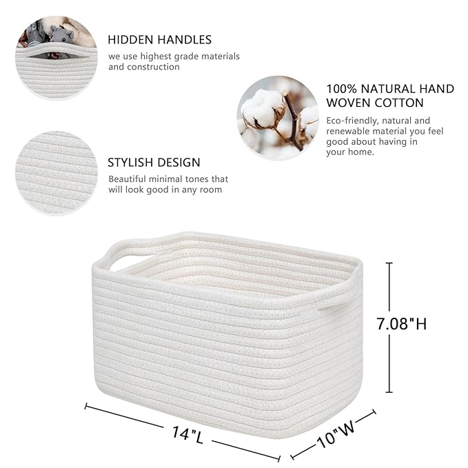 CubesLand Woven Cotton Rope Basket for Laundry, Book, Nursery, Clothes, Shoes, Toys Organizing and Bedroom Home&Living Room Decor, with Durable Handle, Rectangular 14x10x7.08IN White