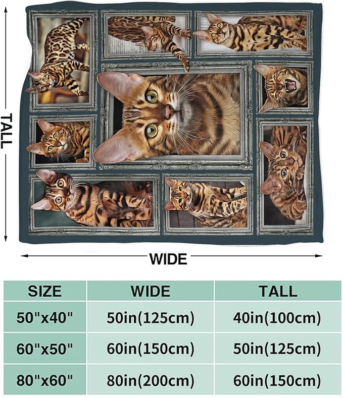 Tijuboni Bengal Cat Throw Blanket Cat Gifts for Girls Boys Women Men Kids Adults Soft Flannel Fleece Blanket for Couch Sofa Bed Home Decor 50"x60"